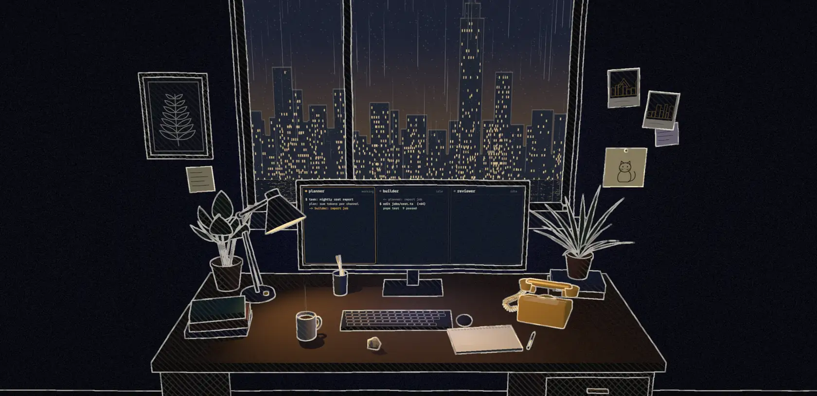 A hand-drawn 3D desk at night: a wide monitor, a gold desk phone, a notepad, a lamp, two plants and a window over the Bangkok skyline.